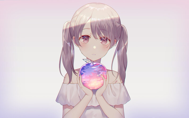Anime Girl Holding Apple — Pink, Serene
