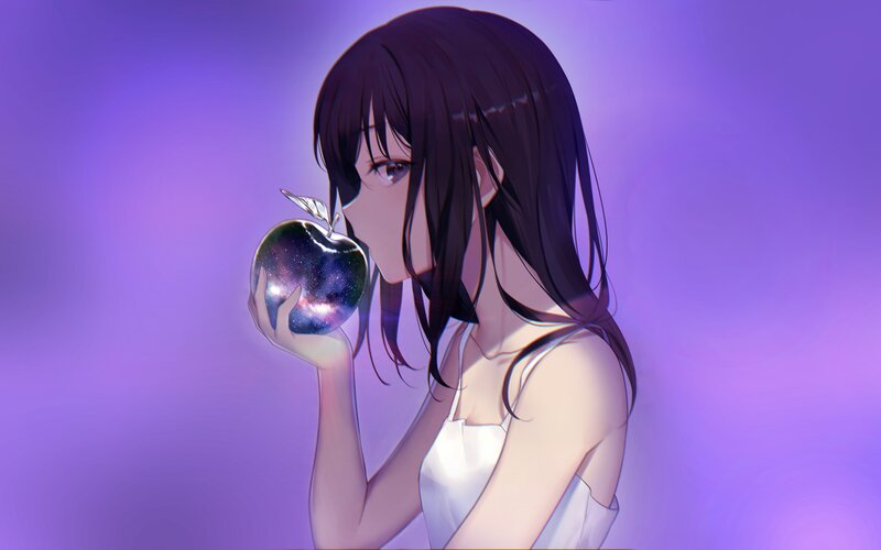 Anime Girl Holding Apple — Purple, Serene, Digital Art