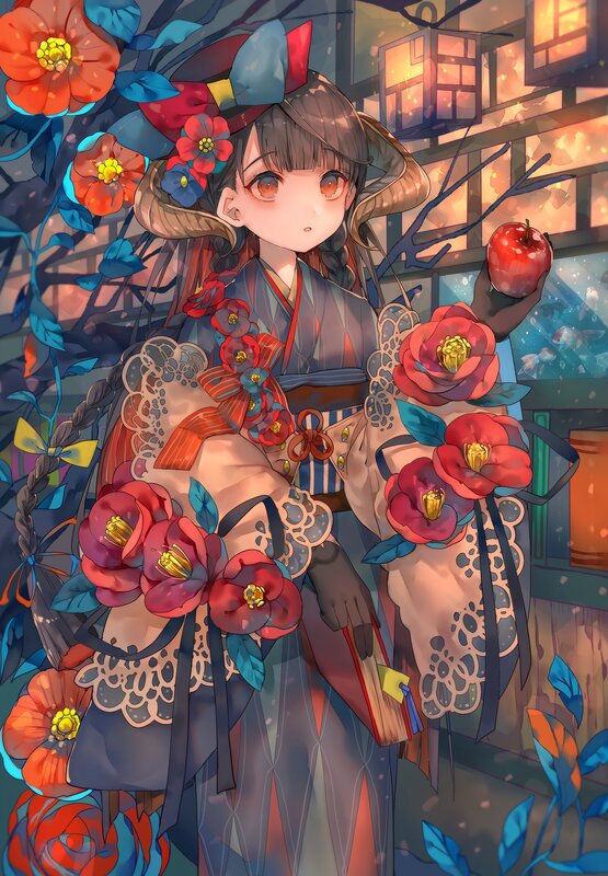 Anime Girl Holding Apple — Red, Serene
