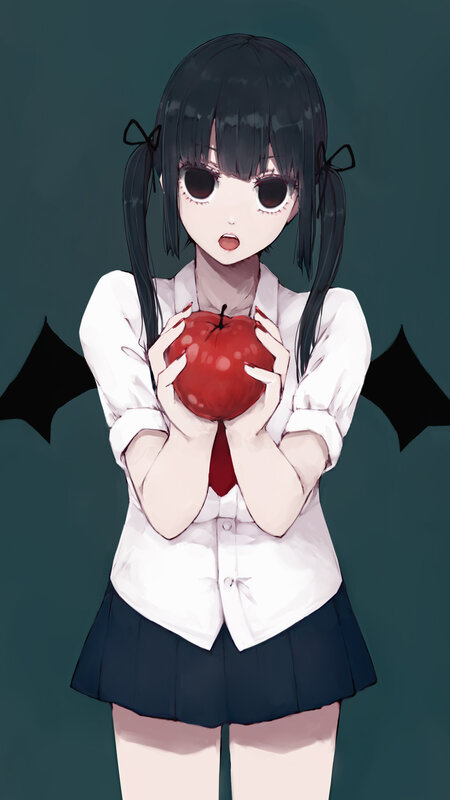 Anime Girl Holding Apple — White, Dramatic, Bat Wings