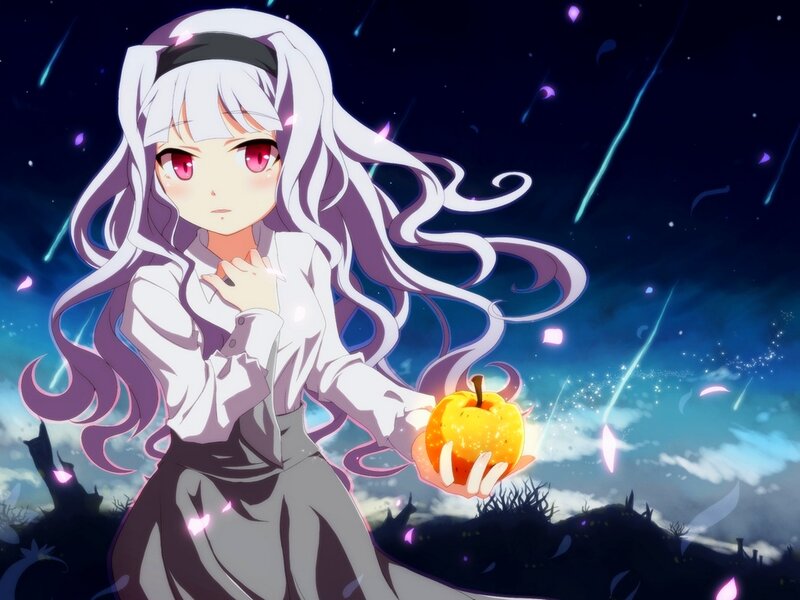 Anime Girl Holding Apple — White, Dramatic