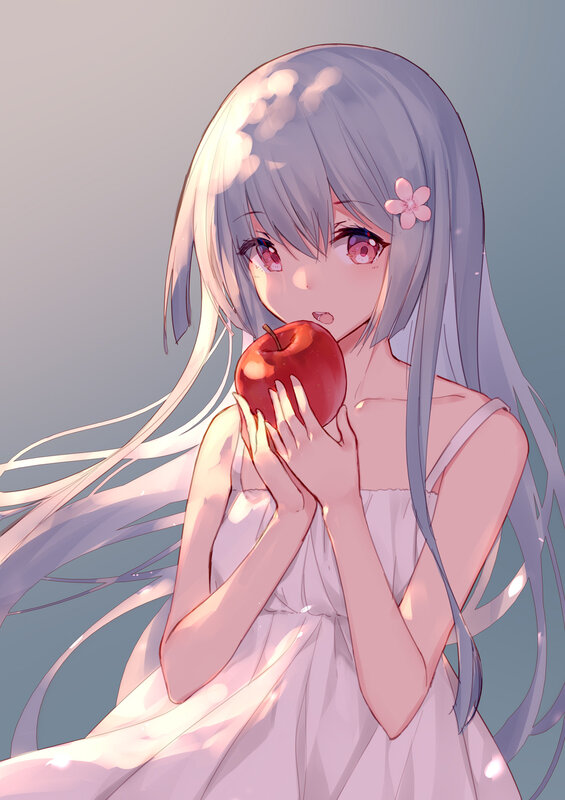 Anime Girl Holding Apple — White, Serene