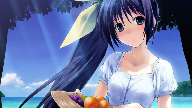 Anime Girl Holding Basket — Blue, Serene, Afternoon, Fruit, Ocean