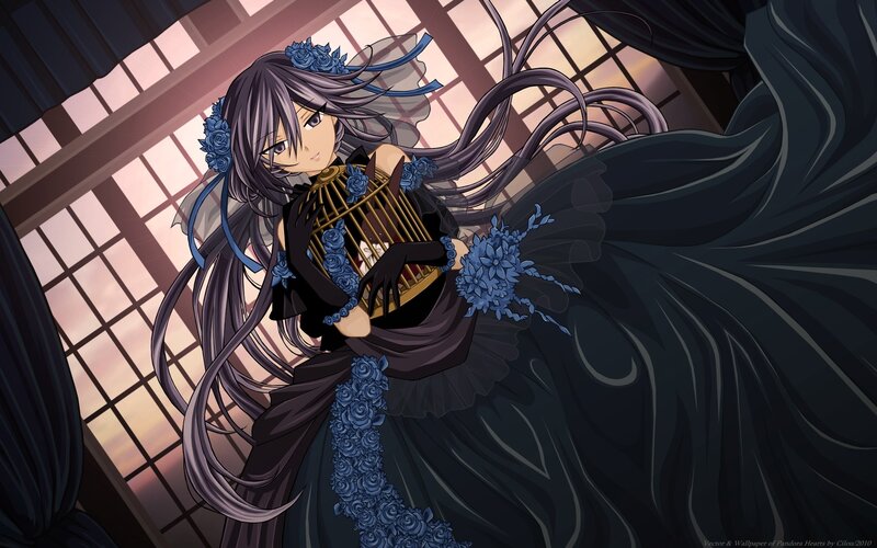 Anime Girl Holding Birdcage — Black, Dramatic, Sunset