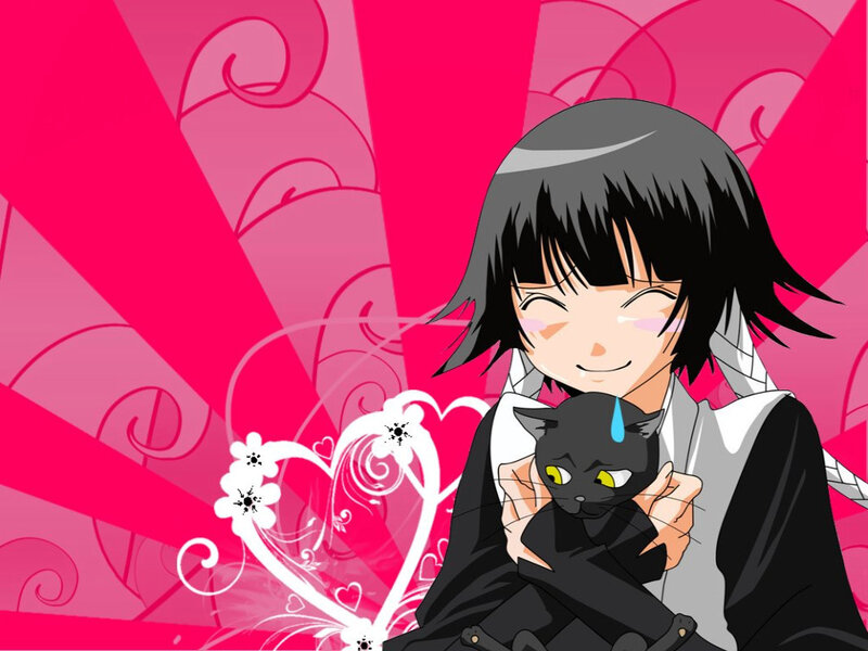 anime girl holding black cat
