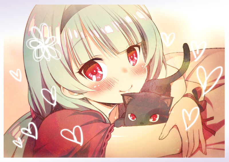 Anime Girl Holding Black Cat — Red