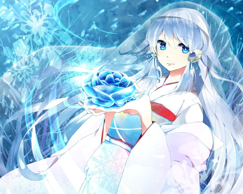 Anime Girl Holding Blue Rose