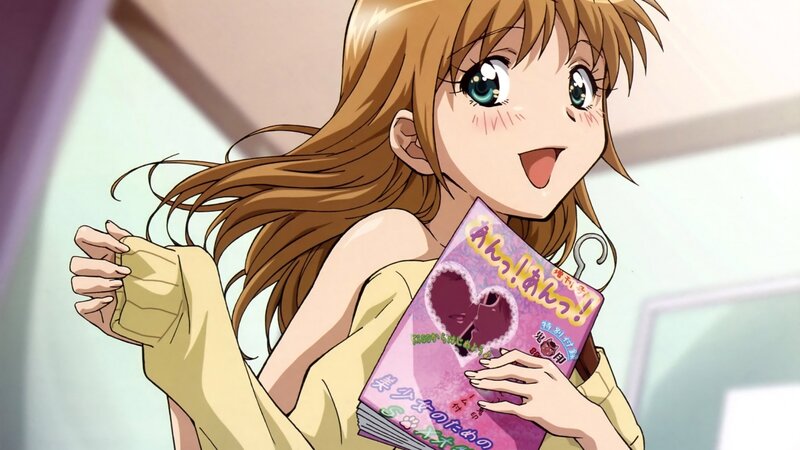 Anime Girl Holding Book — Brown, Happy
