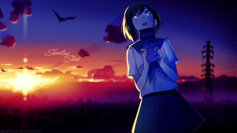 Anime Girl Holding Book — Purple, Dramatic, Sunset
