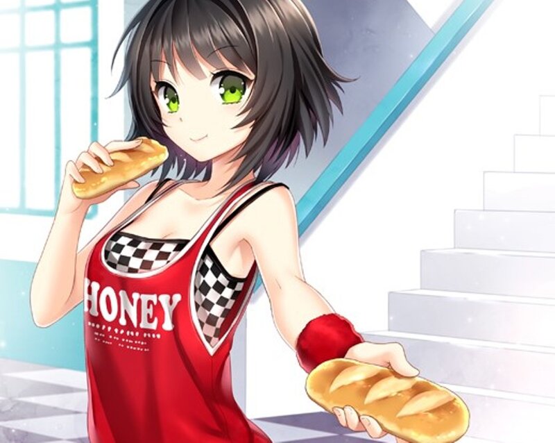 Anime Girl Holding Bread — Red
