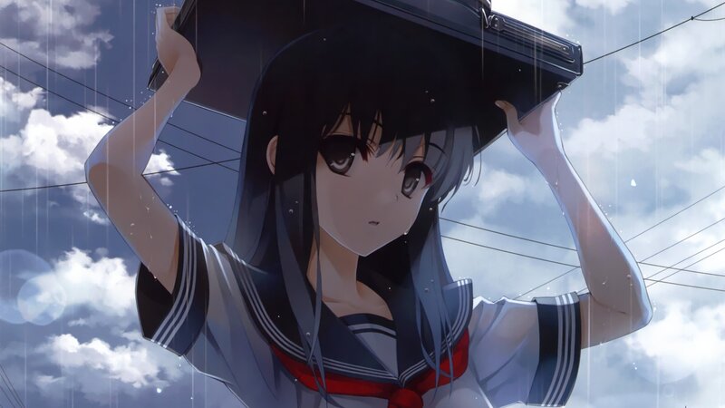 Anime Girl Holding Briefcase — Blue