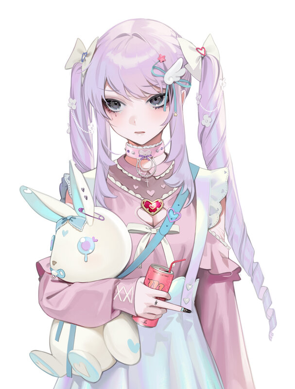 Anime Girl Holding Bunny — Pink, Calm, Digital Art