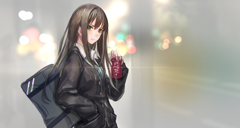Anime Girl Holding Can — Gray, Calm, Night