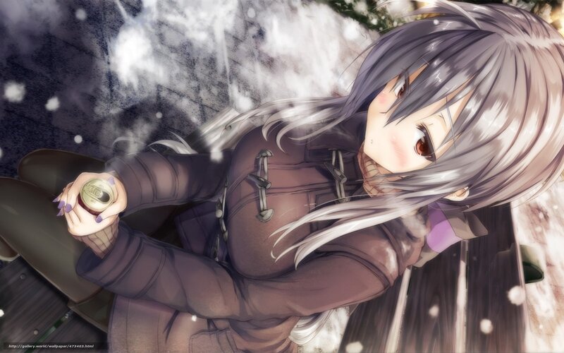 Anime Girl Holding Can — Gray, Calm, Winter