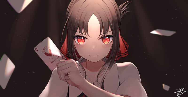 Anime Girl Holding Card — Brown, Dramatic