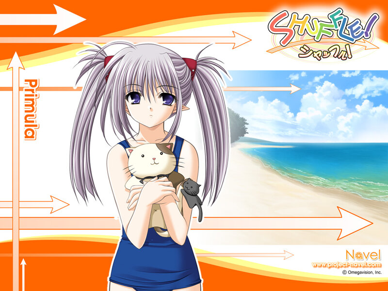Anime girl holding cat at beach
