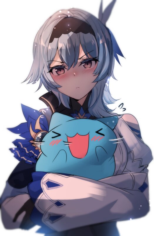 Anime Girl Holding Cat — Blue, Calm, Digital Art, Pillow