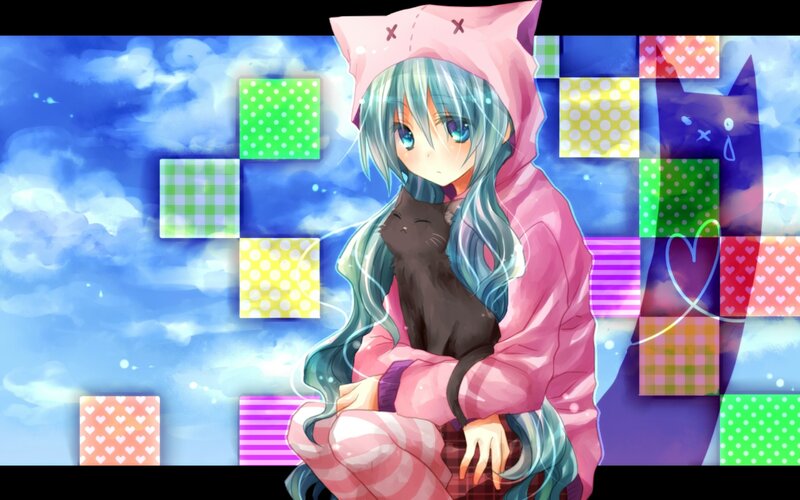 Anime Girl Holding Cat — Blue, Calm, Digital Art