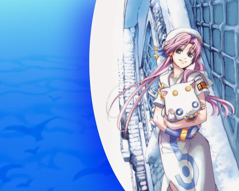 Anime Girl Holding Cat — Blue, Calm, Ship