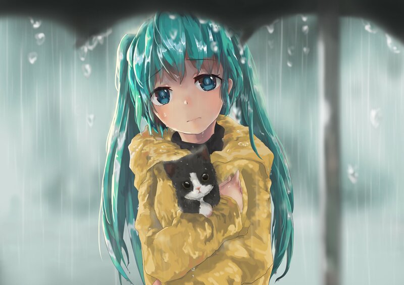 Anime Girl Holding Cat — Blue, Melancholic, Digital Art