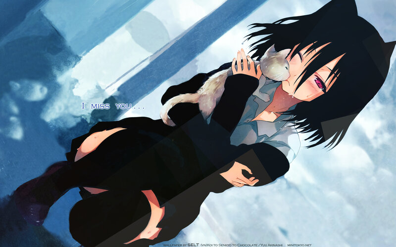 Anime Girl Holding Cat — Blue, Melancholic