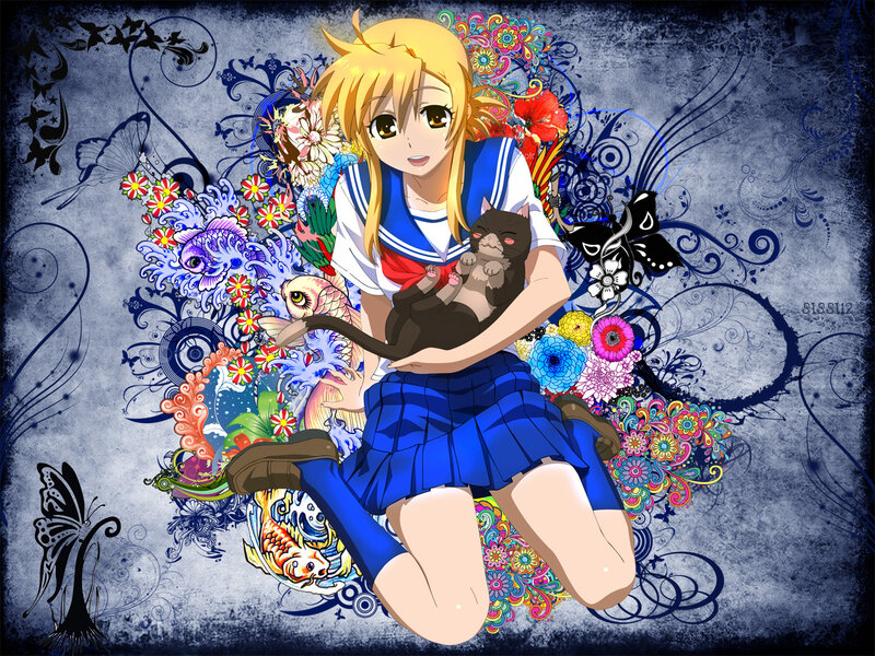 Anime Girl Holding Cat — Blue, Playful