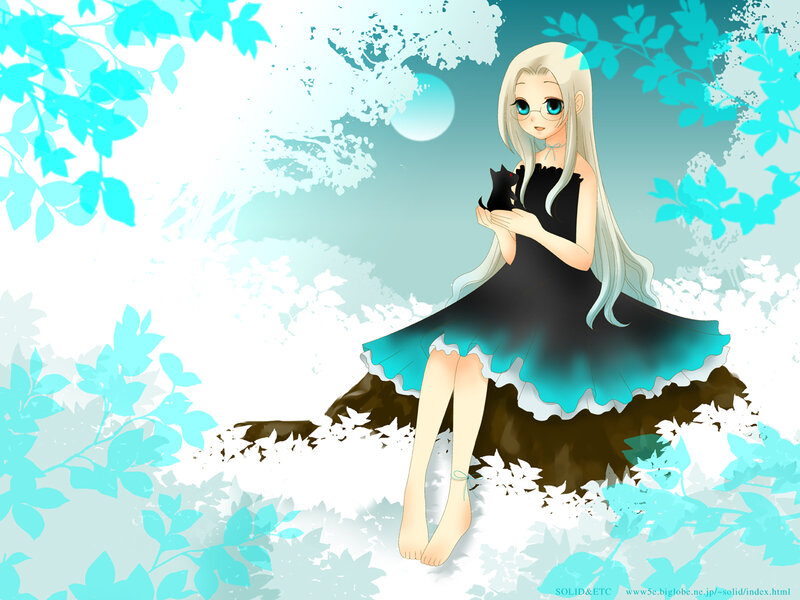 Anime Girl Holding Cat — Blue, Serene, Night, Digital Art