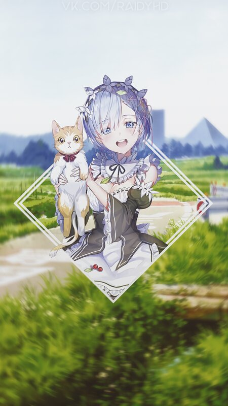 Anime Girl Holding Cat — Green, Serene, Afternoon, Digital Art