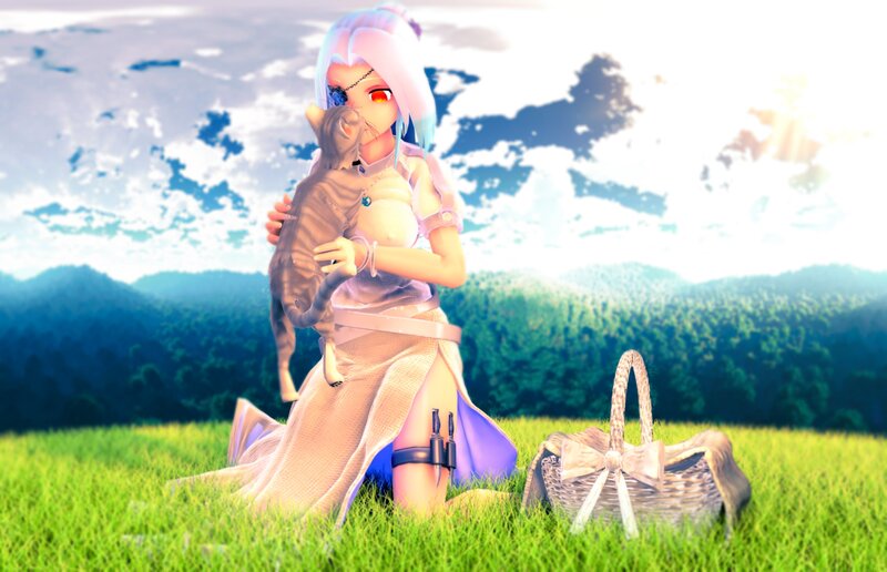 Anime Girl Holding Cat — Green, Serene, Afternoon