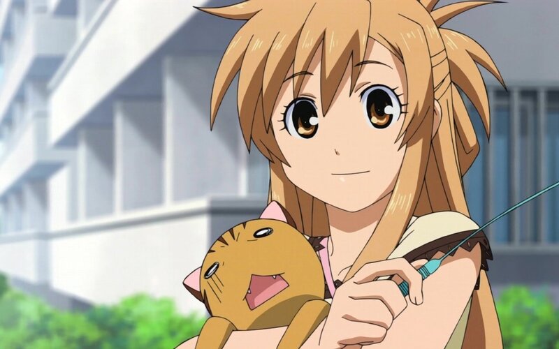 anime girl holding cat plush