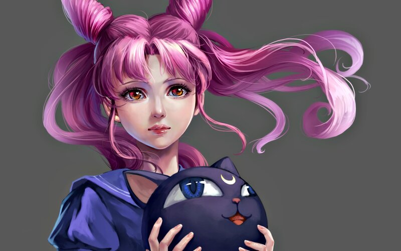 Anime Girl Holding Cat — Purple, Calm, Digital Art