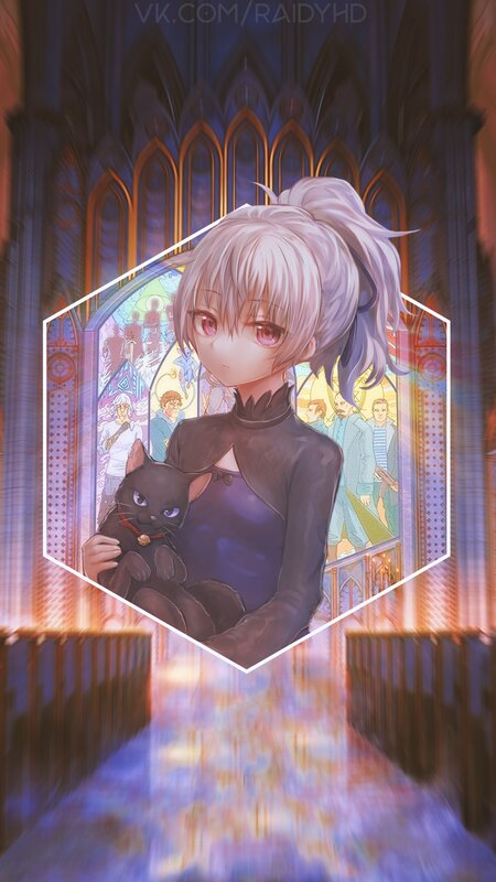 Anime Girl Holding Cat — Purple, Dramatic