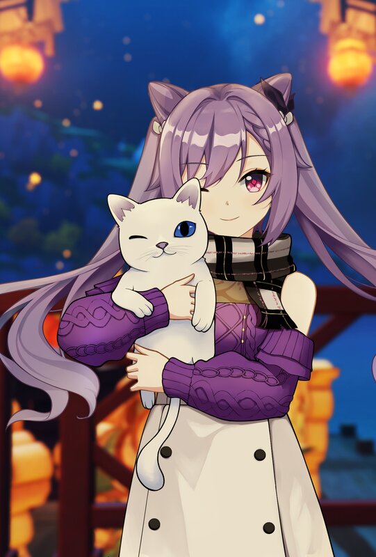 Anime Girl Holding Cat — Purple, Serene, Night, Digital Art