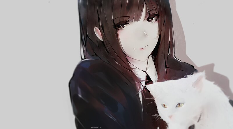 Anime Girl Holding Cat — White, Calm, Digital Art, School Uniform