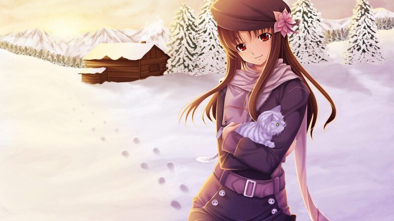 Anime Girl Holding Cat — White, Serene, Winter
