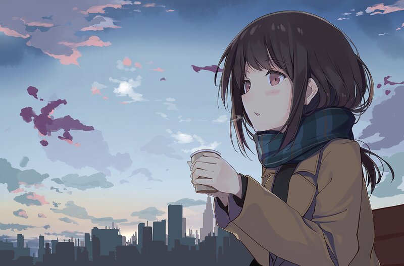 Anime Girl Holding Coffee — Blue, Calm, Sunset, Digital Art