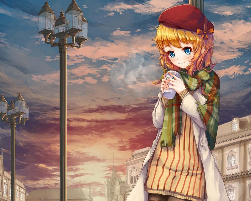 Anime Girl Holding Coffee — Blue