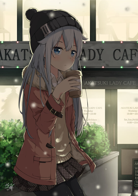 Anime Girl Holding Coffee — Gray