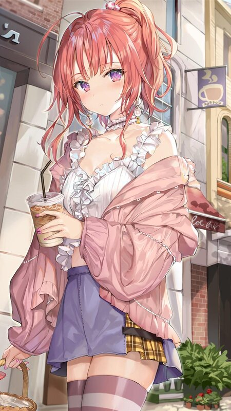 Anime Girl Holding Coffee — Pink, Calm, Afternoon, Digital Art
