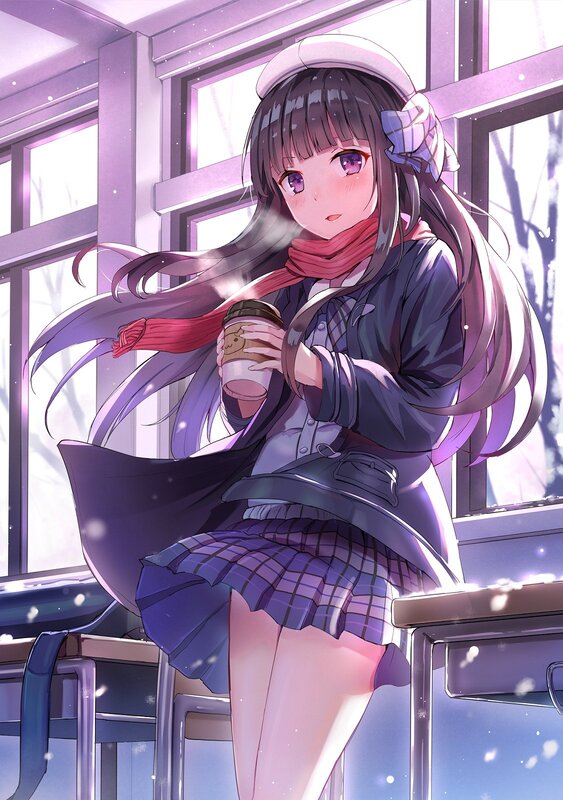 Anime Girl Holding Coffee — Purple, Calm