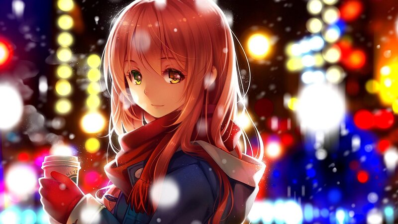 Anime Girl Holding Coffee — Red, Calm, Night, Digital Art, Coffee Cup