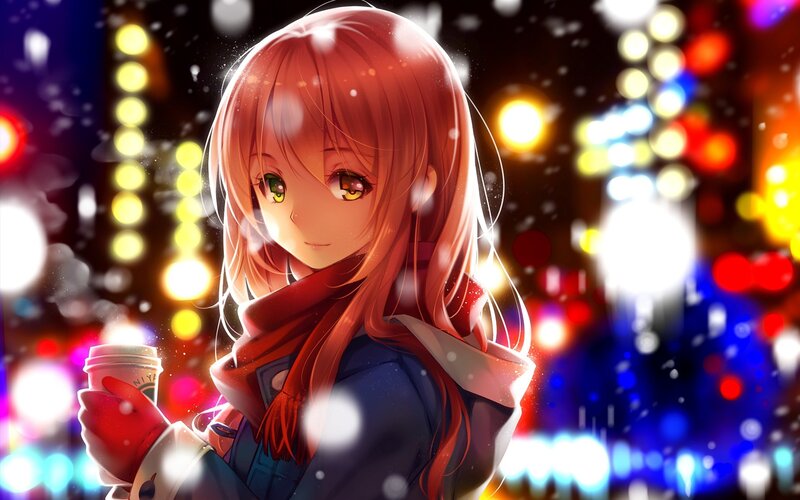 Anime Girl Holding Coffee — Red, Calm, Night, Digital Art