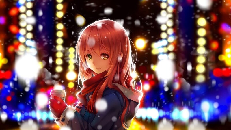 Anime Girl Holding Coffee — Red, Calm, Night