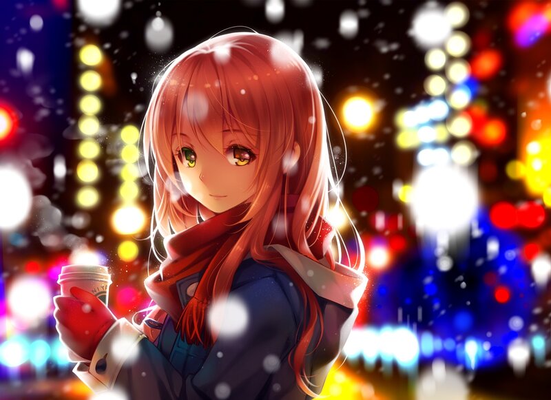 Anime Girl Holding Coffee — Red, Calm