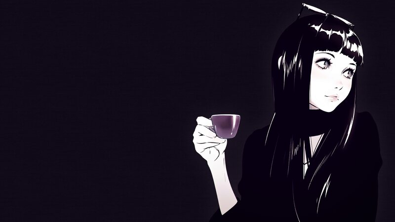 Anime Girl Holding Cup — Black, Calm, Night