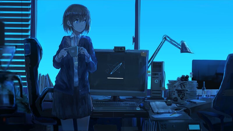 Anime Girl Holding Cup — Blue, Calm, Night, Digital Art, Desk