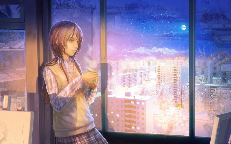 Anime Girl Holding Cup — Blue, Serene