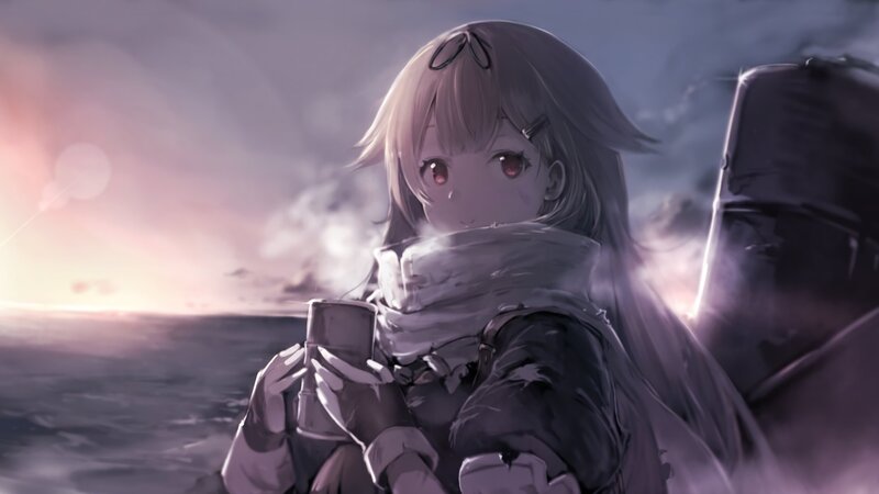Anime Girl Holding Cup — Gray