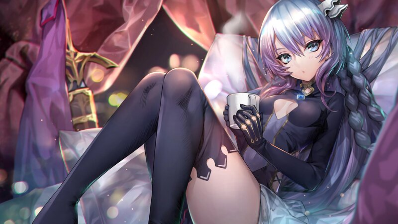 Anime Girl Holding Cup — Purple, Calm, Night, Digital Art