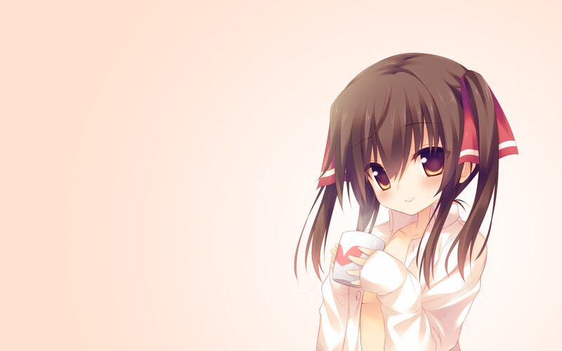 Anime Girl Holding Cup — White, Calm, Hair Ribbons